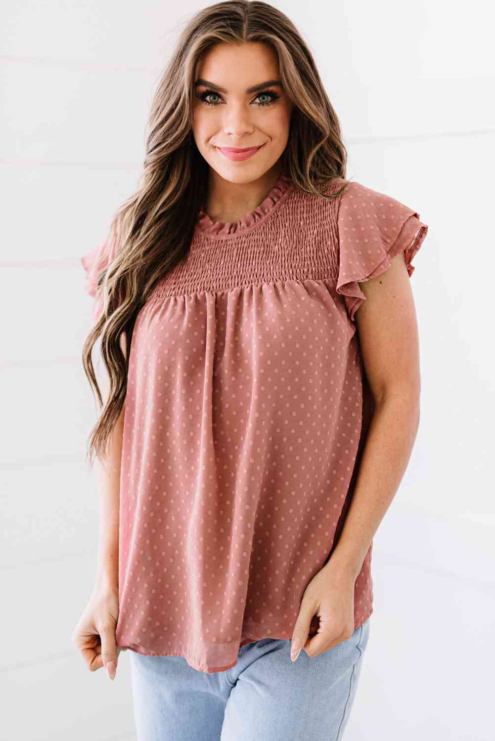 Polka Dot Smocked Flutter Sleeve Blouse - Ladyez