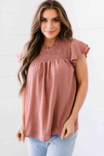 Polka Dot Smocked Flutter Sleeve Blouse - Ladyez
