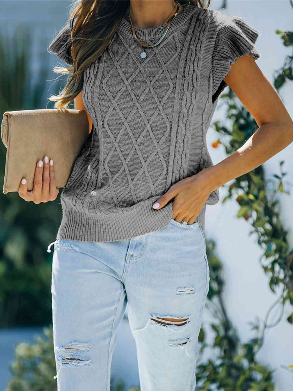 Round Neck Cap Sleeve Sweater - Ladyez