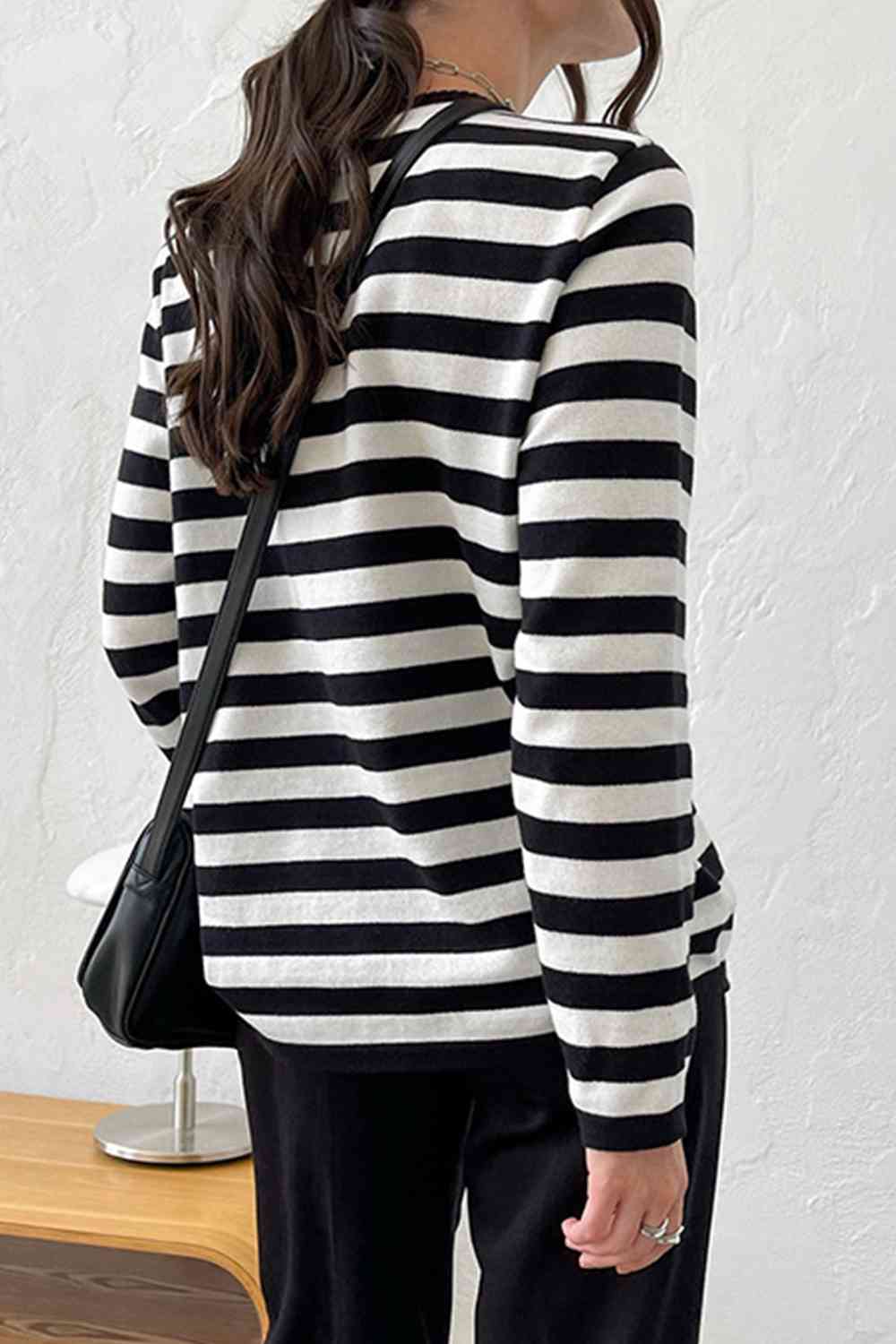 Striped Round Neck Long Sleeve Sweater - Ladyez