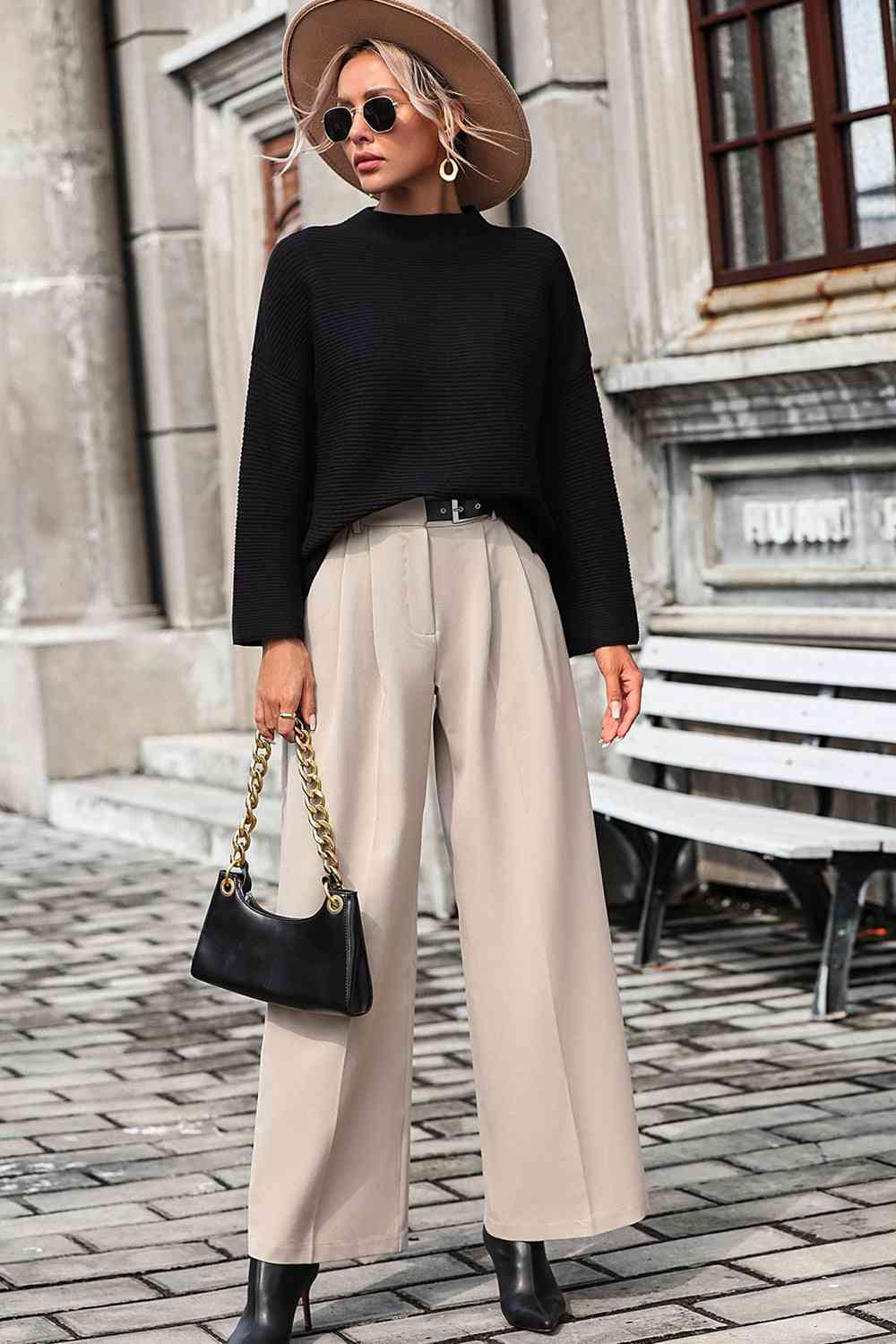 Mock Neck Dropped Shoulder Pullover Sweater - Ladyez