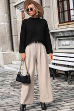 Mock Neck Dropped Shoulder Pullover Sweater - Ladyez