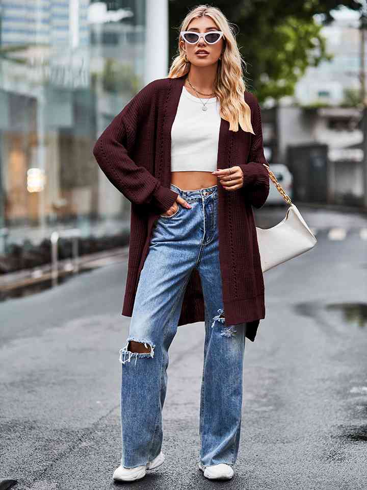 Long Sleeve Waffle-Knit Cardigan - Ladyez