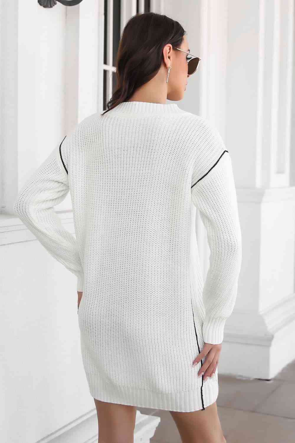 Contrast V-Neck Sweater Dress - Ladyez