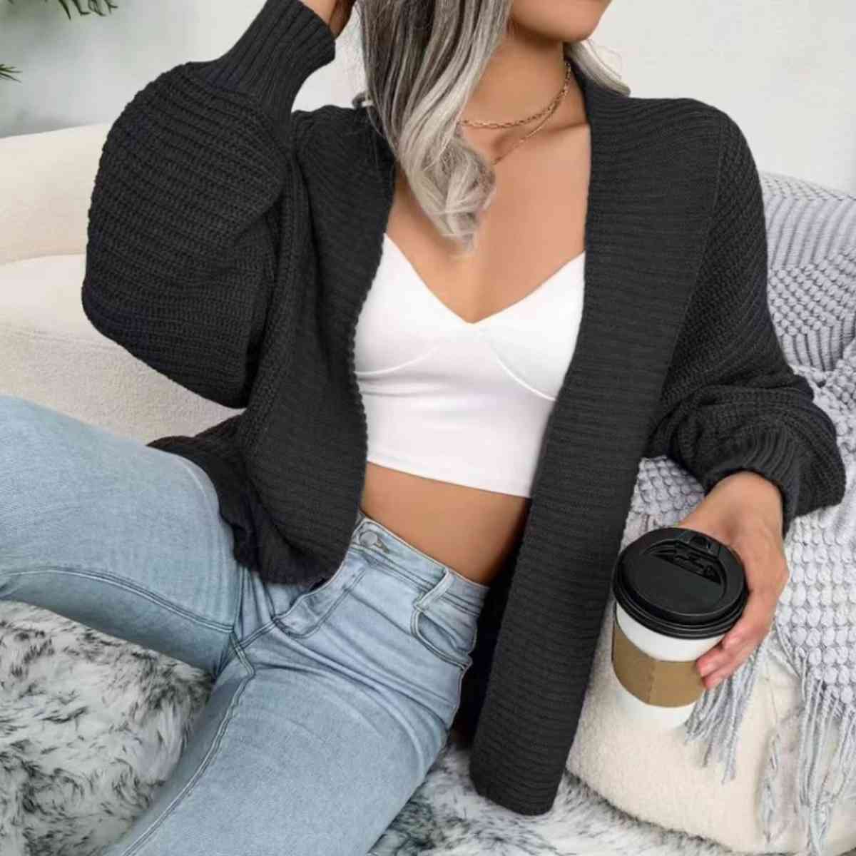 Open Front Lantern Sleeve Cardigan - Ladyez