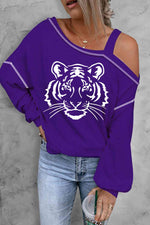 Tiger Graphic Long Sleeve Asymmetrical Neck Top - Ladyez