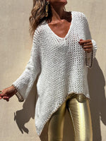 Contrast V-Neck Long Sleeve Sweater - Ladyez