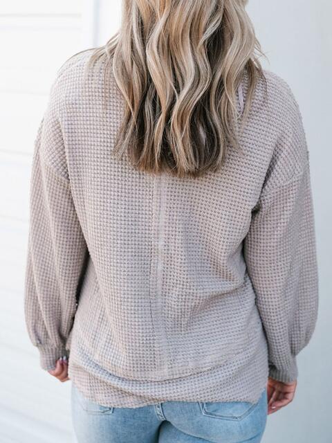 Waffle-Knit V-Neck Blouse with Breast Pocket - Ladyez