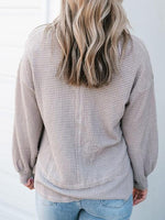 Waffle-Knit V-Neck Blouse with Breast Pocket - Ladyez