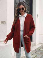 Open Front Rib-Knit Cardigan with Pockets - Ladyez