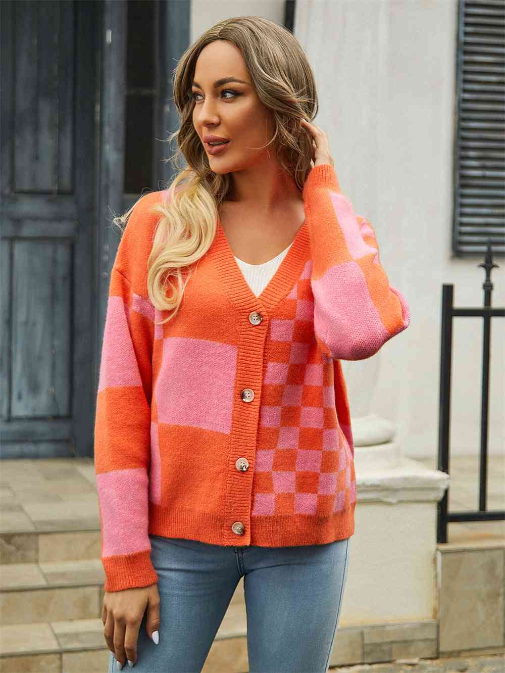 Plaid V-Neck Dropped Shoulder Cardigan - Ladyez