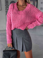 V-Neck Cable-Knit Long Sleeve Sweater - Ladyez