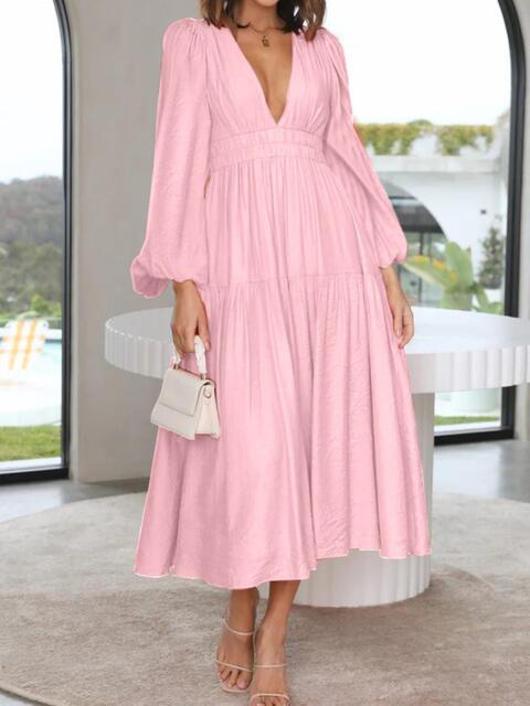 Deep V-Neck Balloon Sleeve Plain Maxi Dress - Ladyez