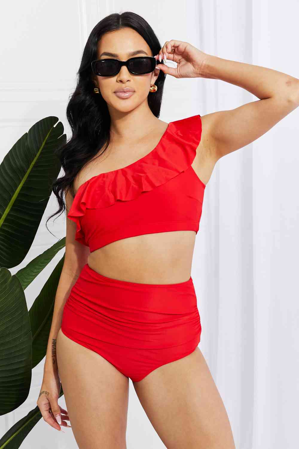 Marina West Swim Seaside Romance Ruffle One-Shoulder Bikini in Red - Ladyez