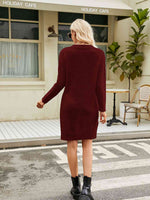 Notched Neck Cable-Knit Slit Sweater Dress - Ladyez
