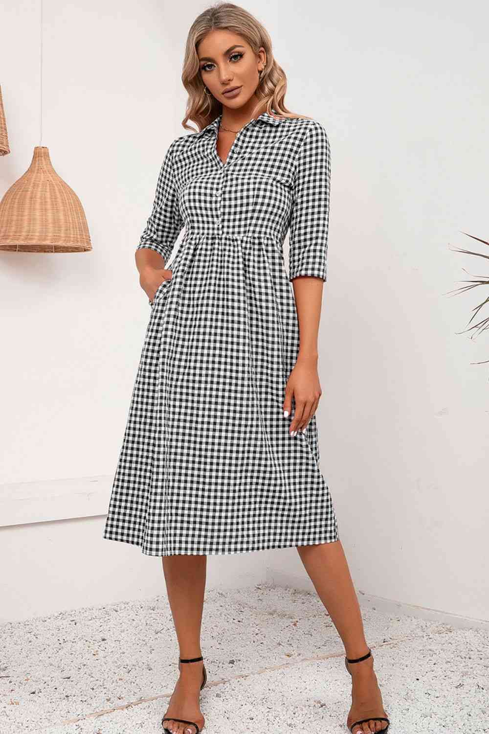 Plaid Collared Neck Midi Dress - Ladyez