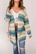 Full Size Striped Long Sleeve Openwork Cardigan - Ladyez
