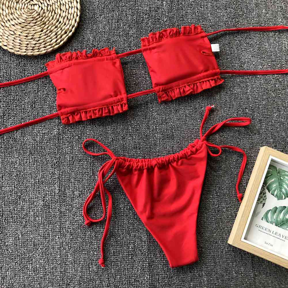 Frill Trim Ruched Bikini Set - Ladyez