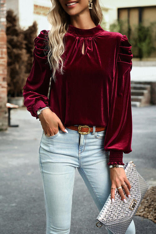 Tie Up Mock Neck Velvet Fabric Long Sleeve Blouse - Ladyez