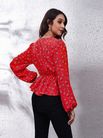 Floral V-Neck Balloon Sleeve Peplum Blouse - Ladyez