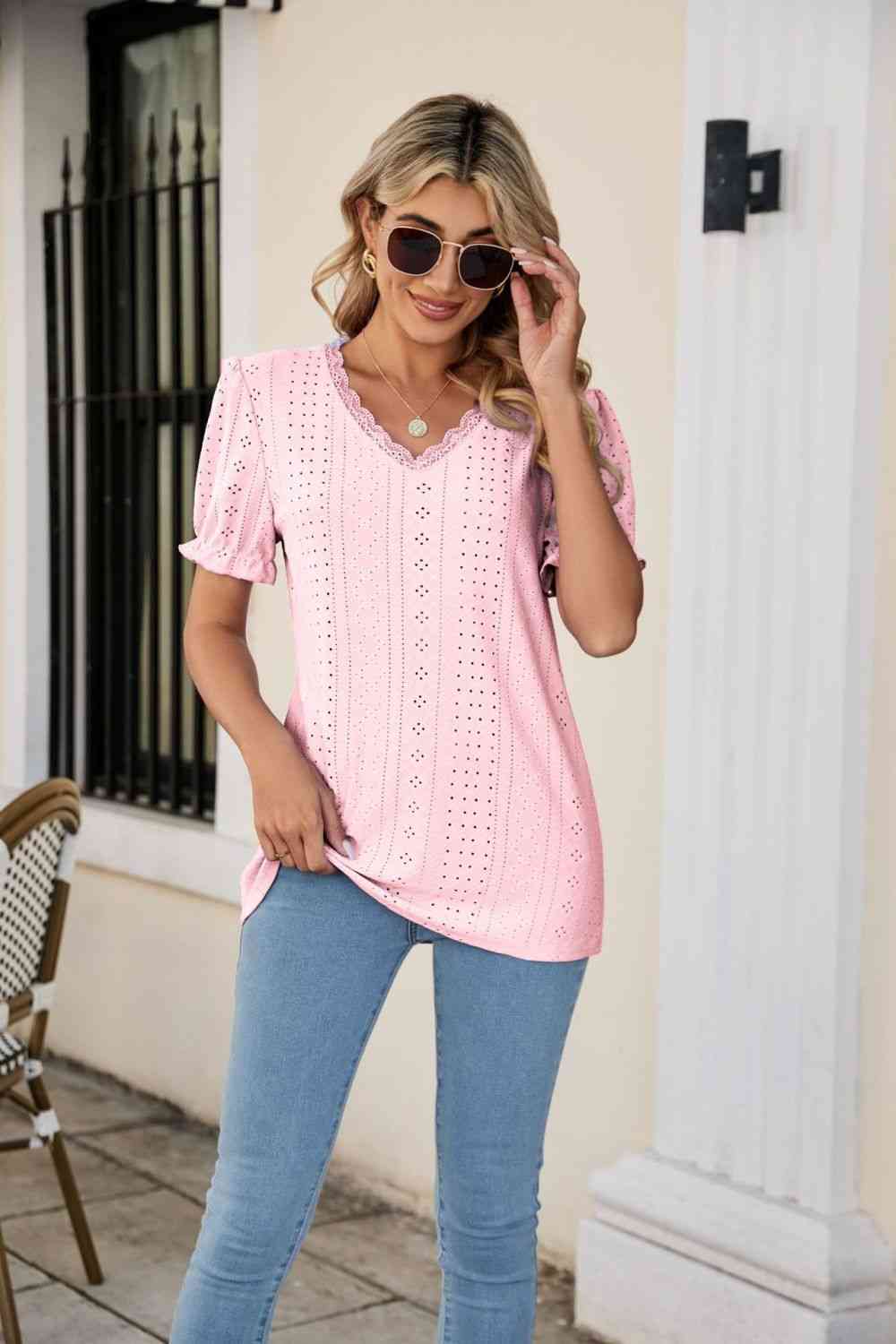 Eyelet Flounce Sleeve Scalloped V-Neck Top - Ladyez