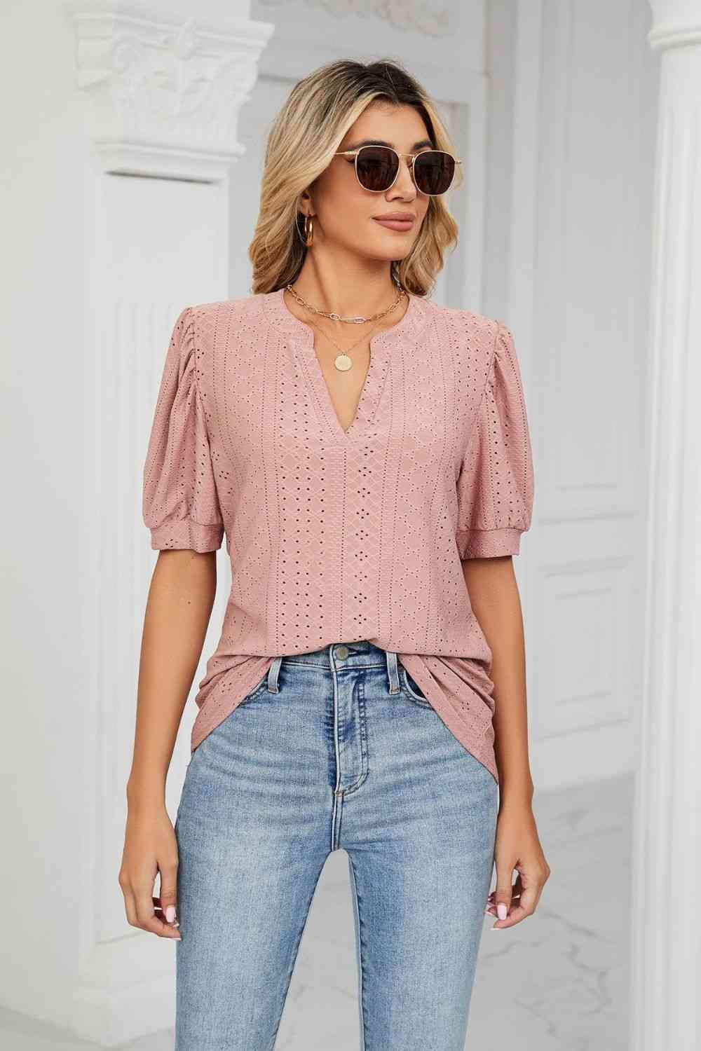 Eyelet Short Puff Sleeve Notched Neck Top - Ladyez