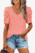 V-Neck Puff Sleeve Tee - Ladyez