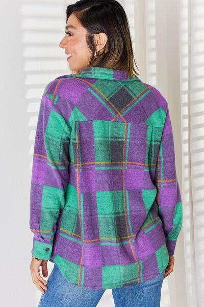 Zenana Plaid Button Up Long Sleeve Shacket - Ladyez