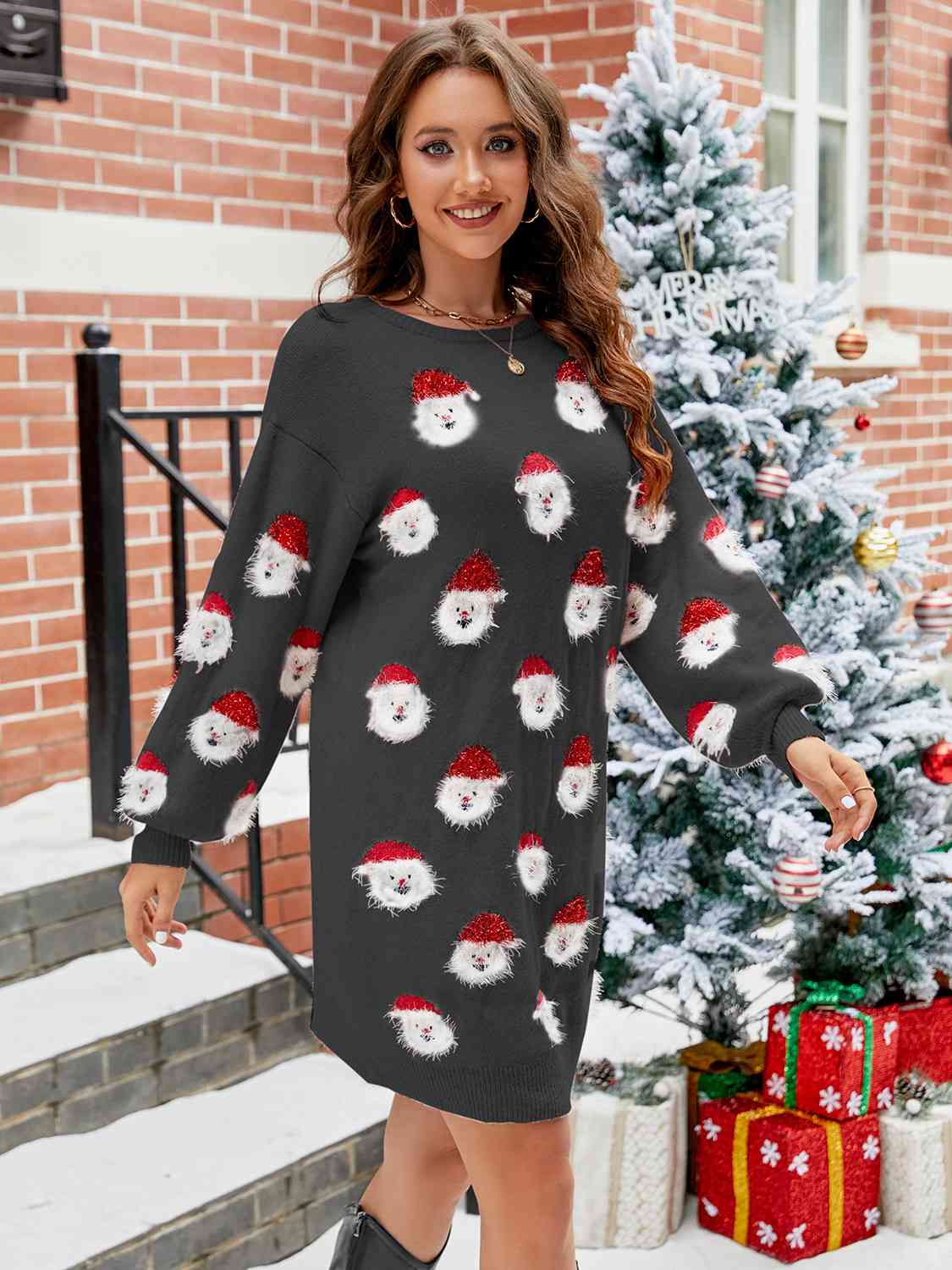 Round Neck Dropped Shoulder Sweater Dress - Ladyez