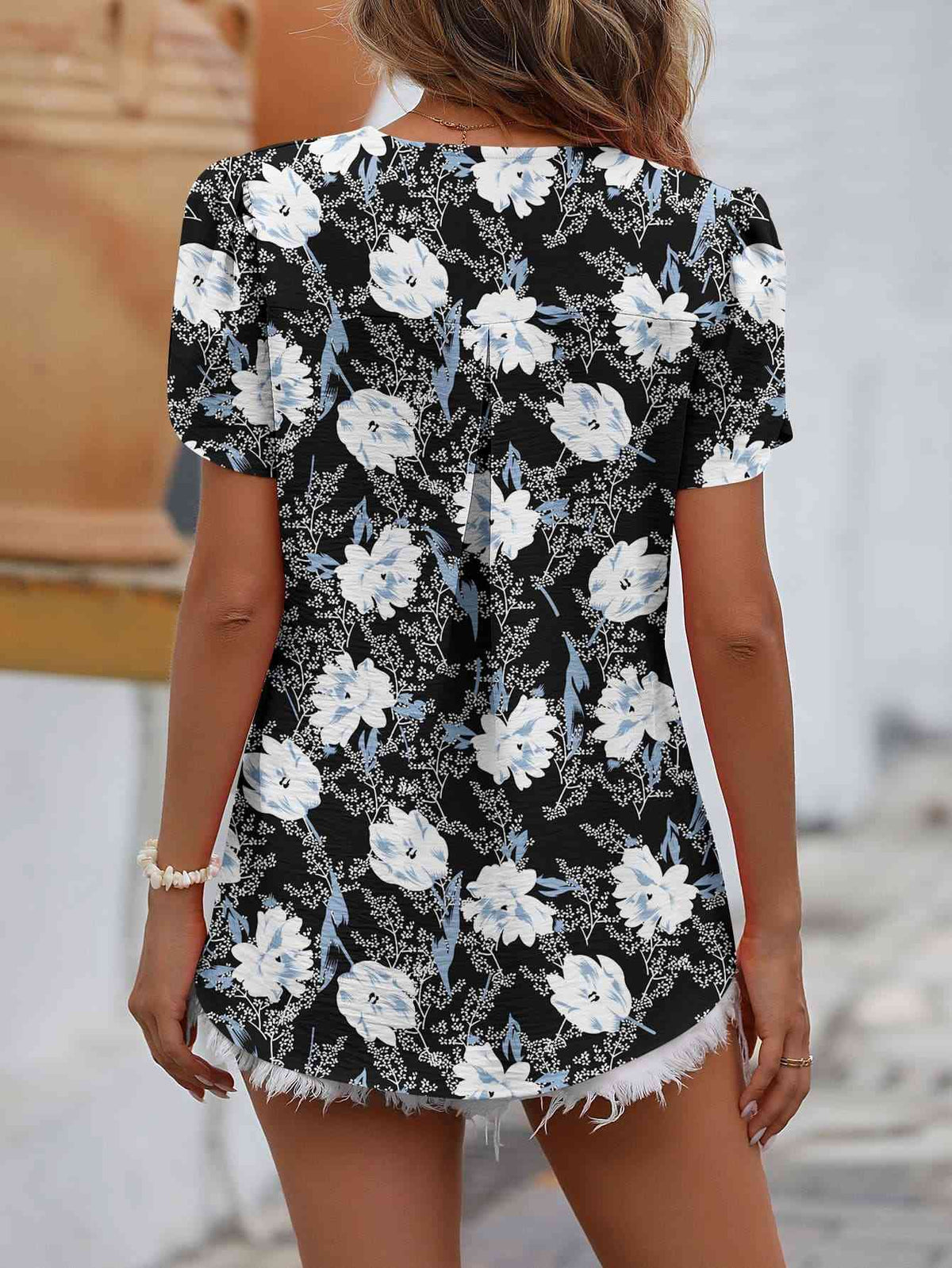 Ruche V-Neck Petal Sleeve Top - Ladyez