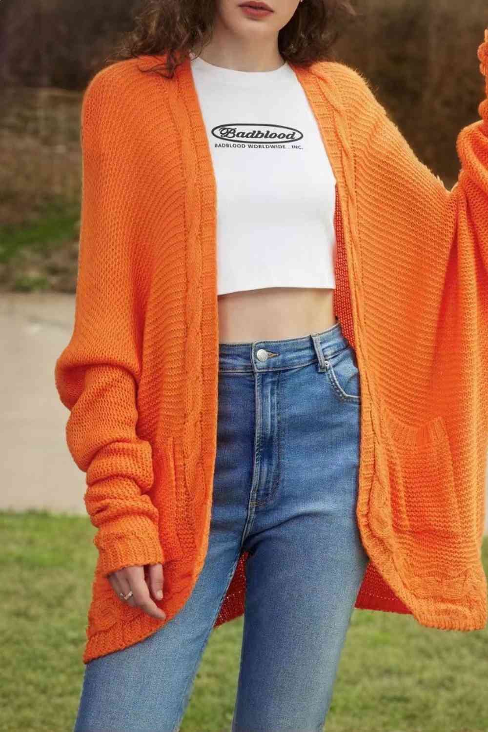Cable-Knit Open Front Cardigan with Pockets - Ladyez