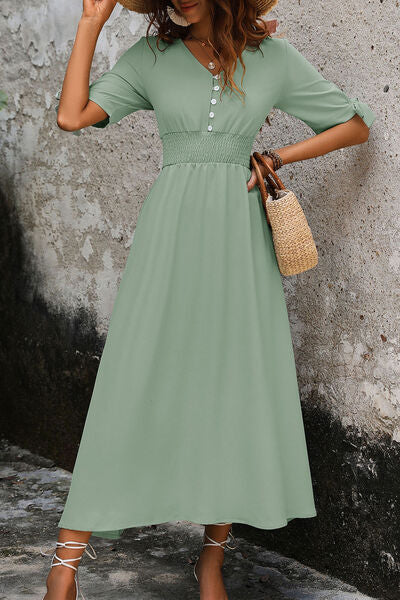 Smocked Quarter Button Short Sleeve Dress - Ladyez