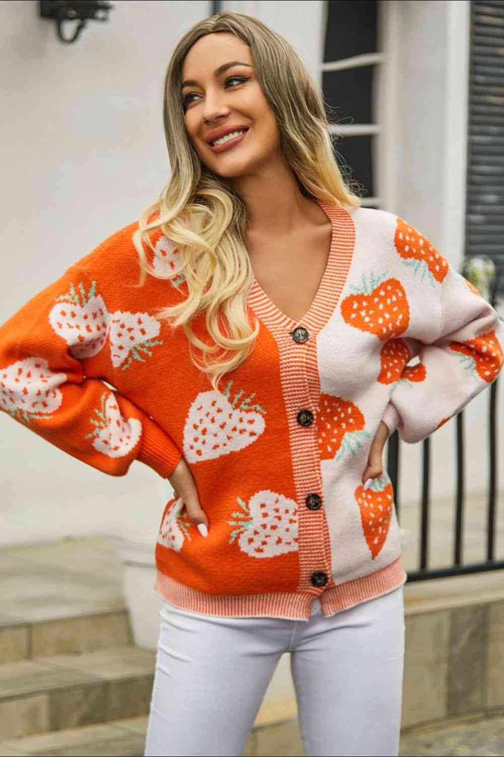 Printed V-Neck Button-Down Long Sleeve Cardigan - Ladyez