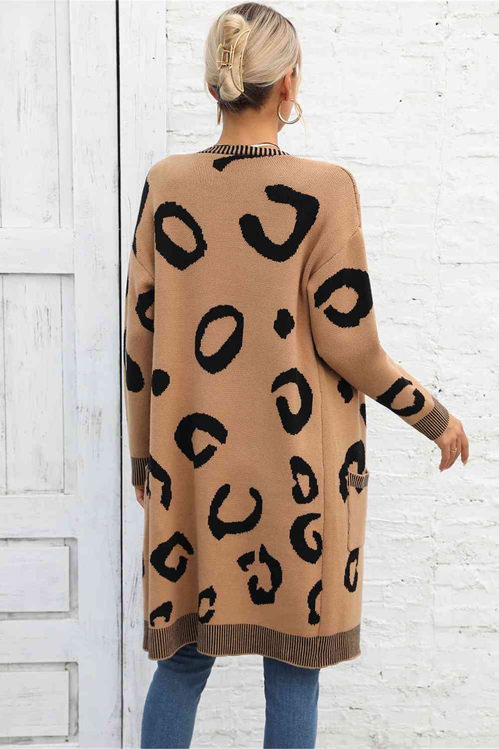 Printed Long Sleeve Cardigan with Pockets - Ladyez