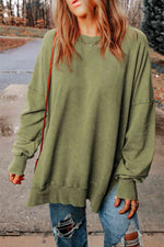 Dropped Shoulder Round Neck Long Sleeve Blouse - Ladyez