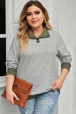 Plus Size Striped Half Snap Long Sleeve Blouse - Ladyez