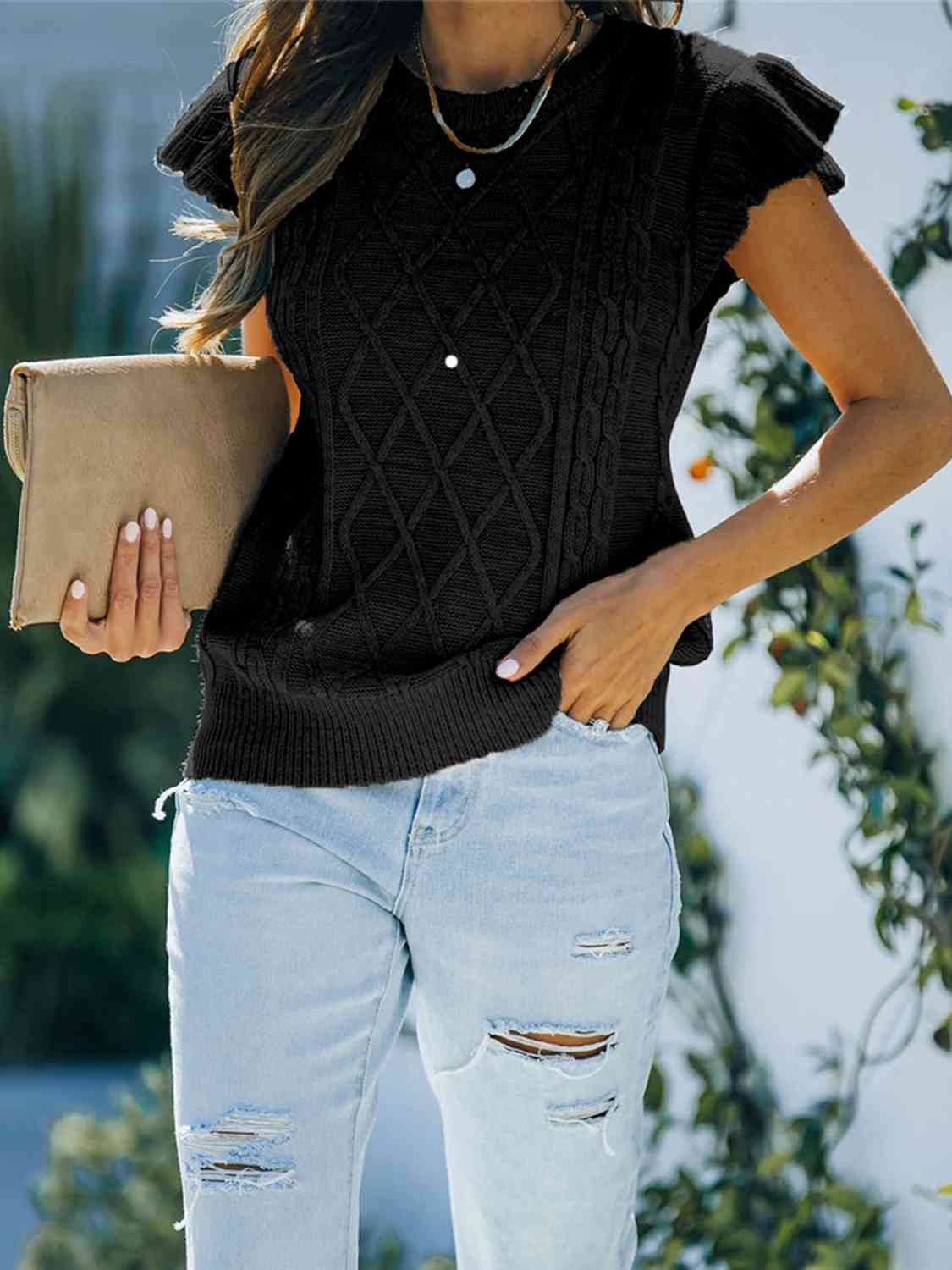 Round Neck Cap Sleeve Sweater - Ladyez