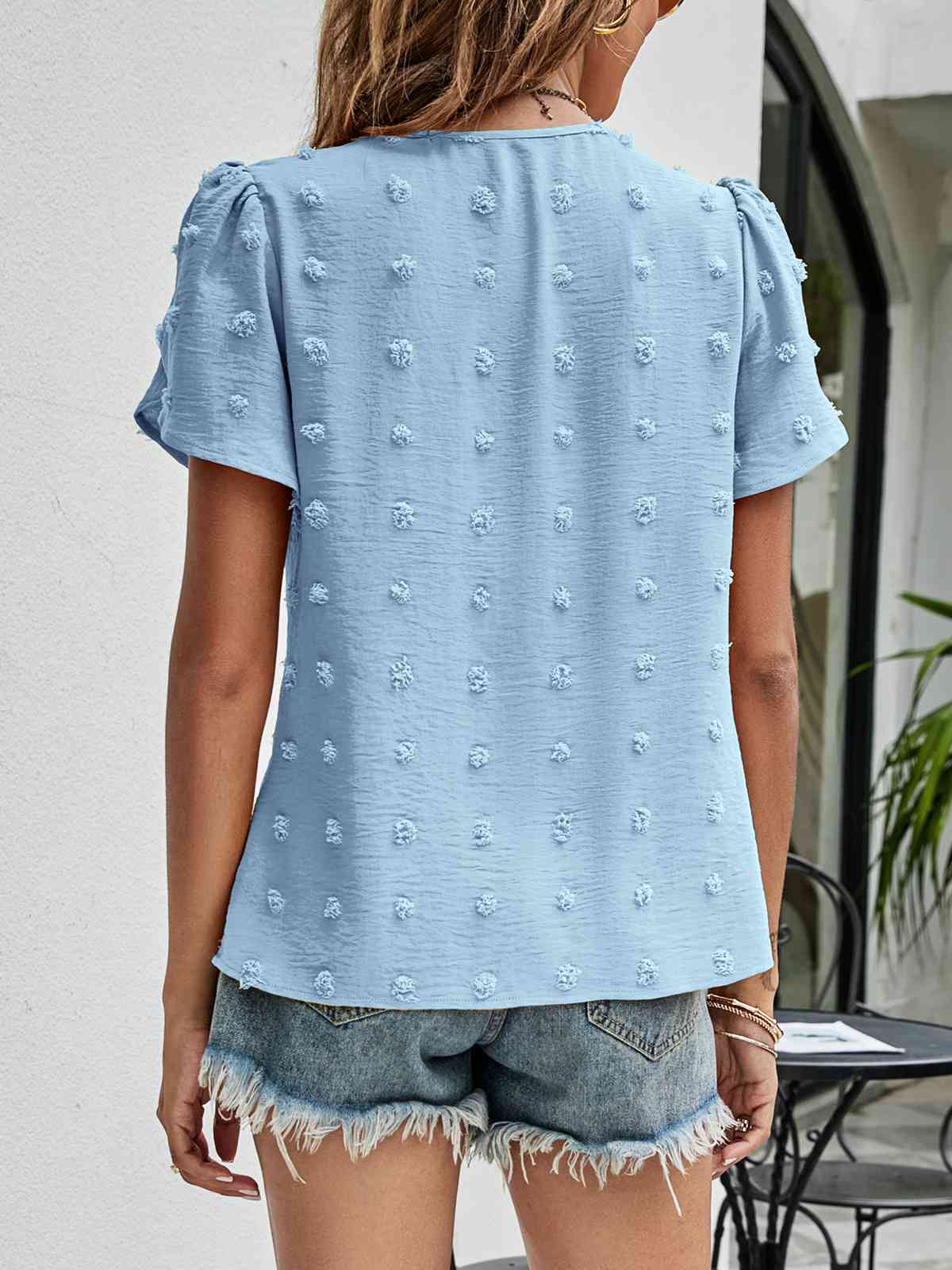 Swiss Dot Round Neck Petal Sleeve Top - Ladyez