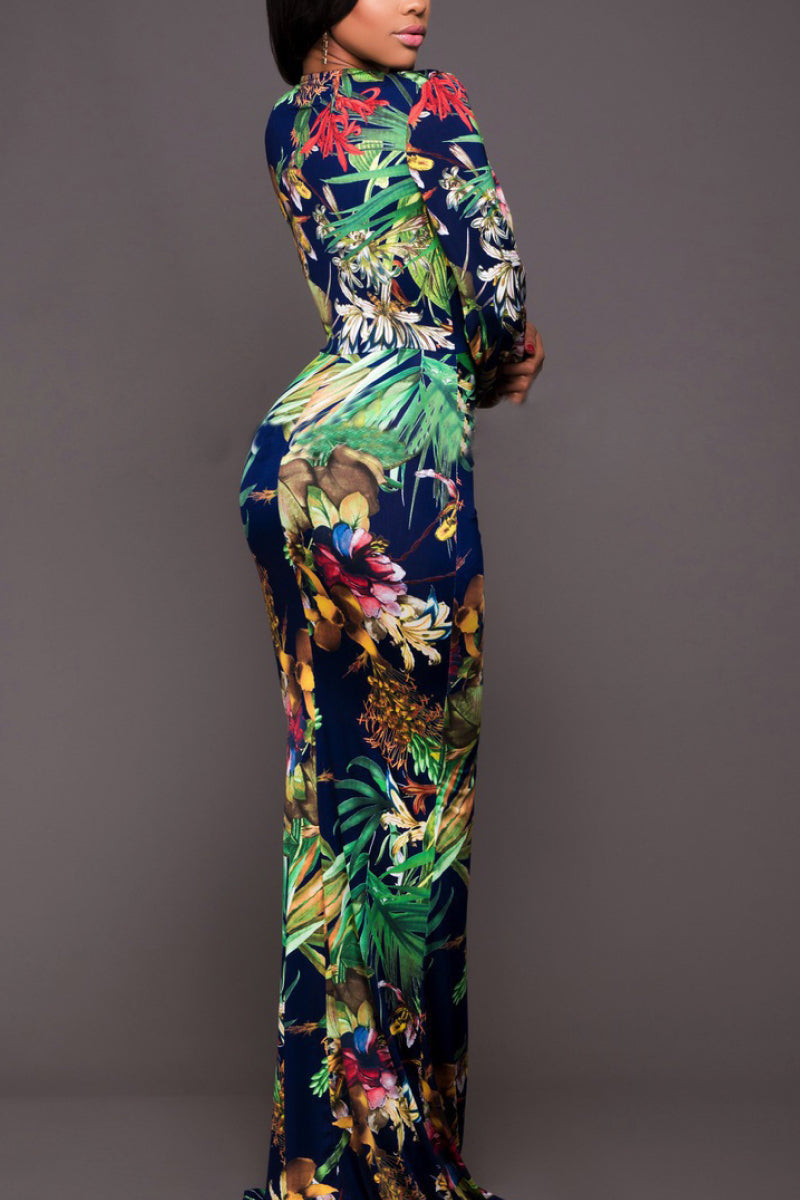 Printed Plunge Neck Leg Split Maxi Dress - Ladyez