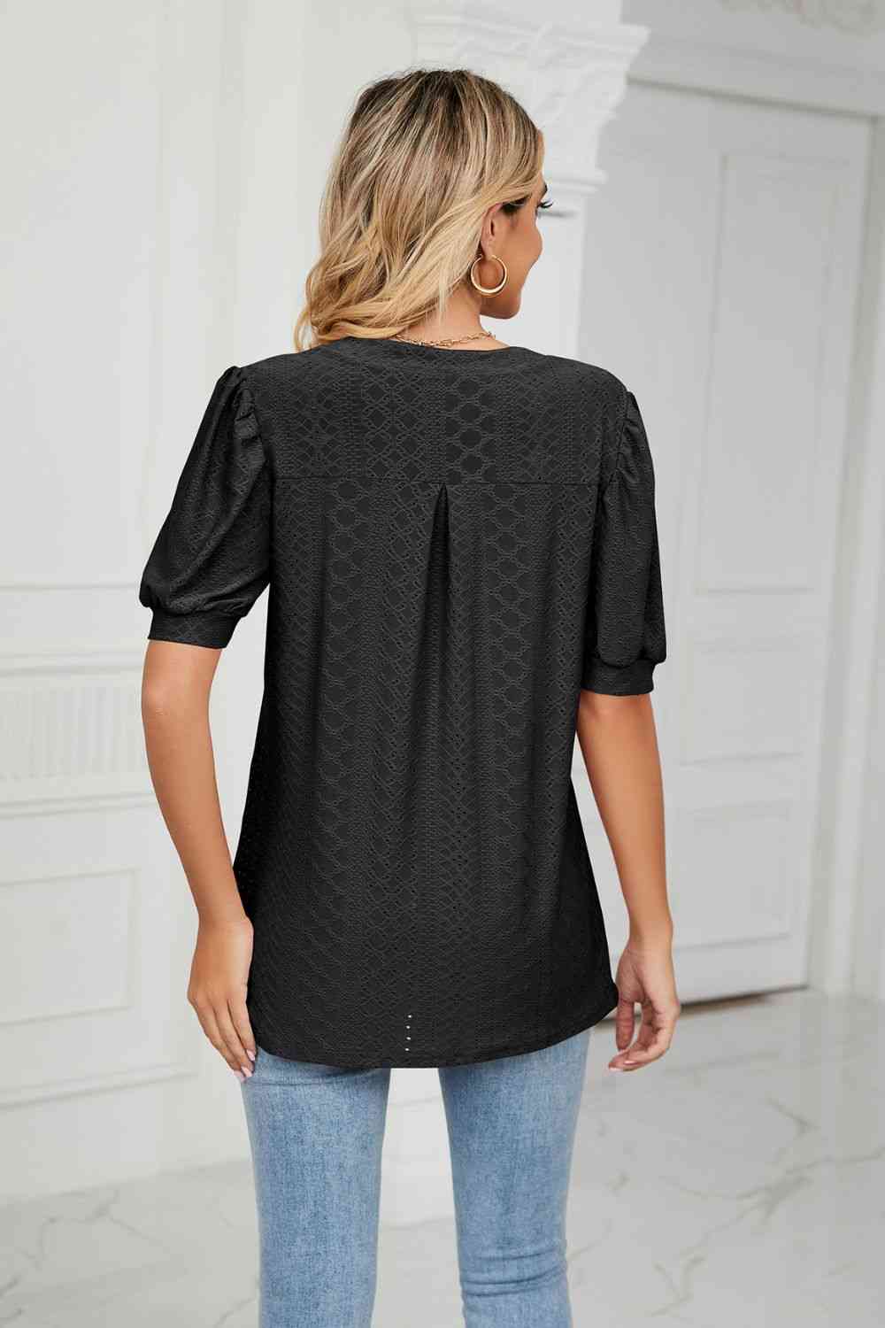 Eyelet Short Puff Sleeve Notched Neck Top - Ladyez