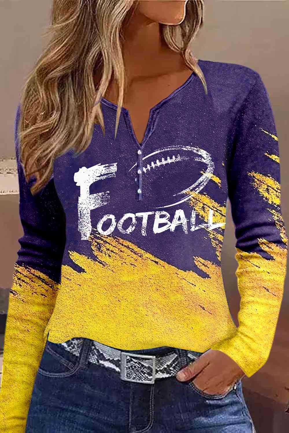 FOOTBALL Graphic Notched Neck Long Sleeve T-Shirt - Ladyez