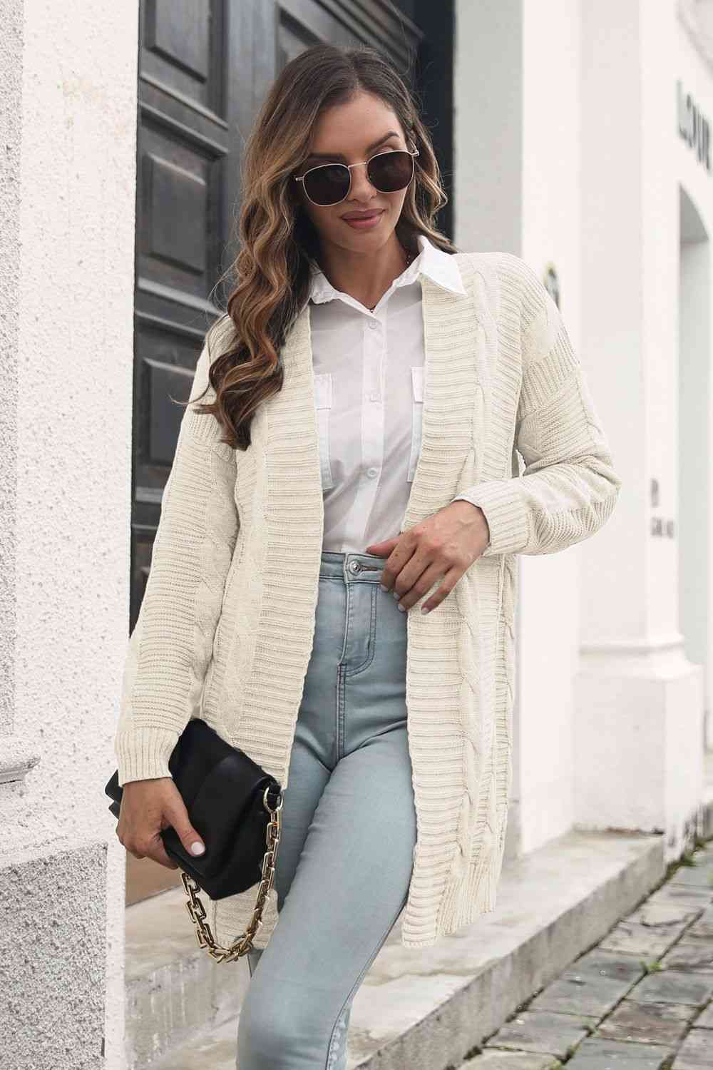 Open Front Cable-Knit Cardigan - Ladyez