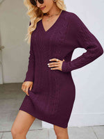 Cable-Knit V-Neck Mini Sweater Dress - Ladyez