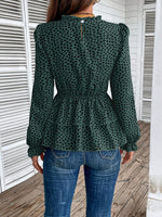 Printed Round Neck Smocked Flounce Sleeve T-Shirt - Ladyez