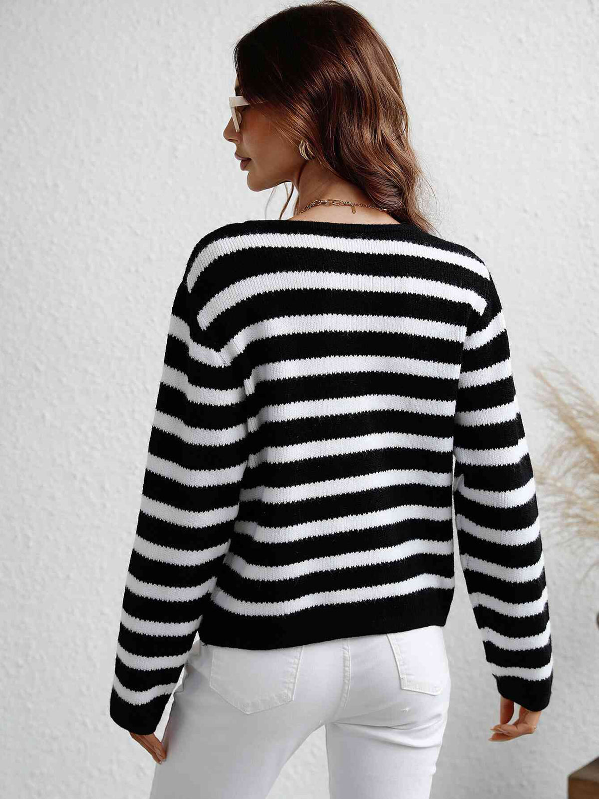 Woven Right Striped Button Front Cardigan - Ladyez