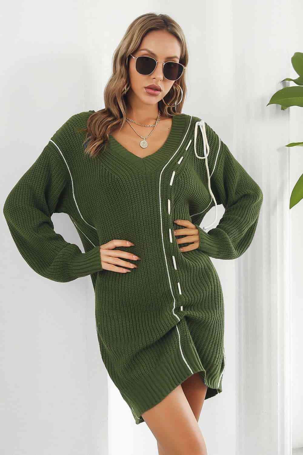 Contrast V-Neck Sweater Dress - Ladyez