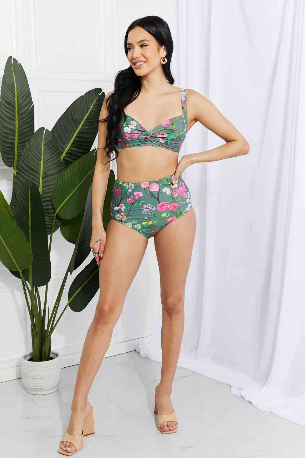 Marina West Swim Take A Dip Twist High-Rise Bikini in Sage - Ladyez