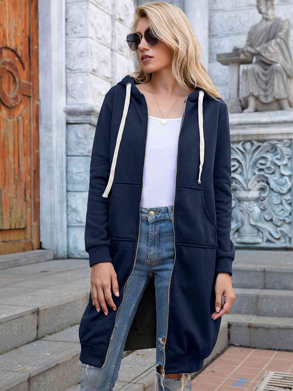 Zip-Up Longline Hoodie with Pockets - Ladyez