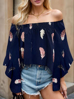 Feather Print Smocked Off-Shoulder Blouse - Ladyez
