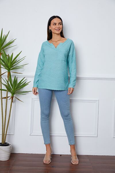 Texture Notched Drop Shoulder Top - Ladyez